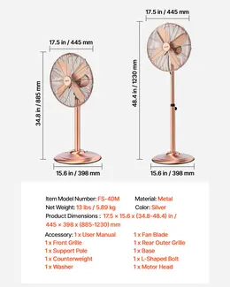 16-Inch High Velocity Pedestal Fan, 1450 CFM Industrial Standing Floor Fan With Handle, 75° Oscillating, 3-Speed Adjustable Height, Metal Made For Commercial, Garage, Workshop, Home, Copper