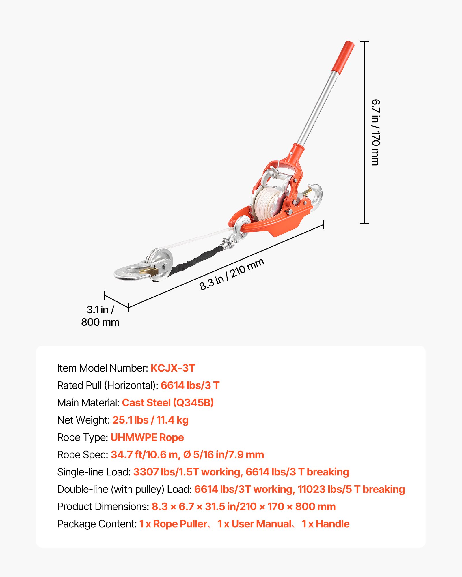 Main product image of Ratchet Rope Puller, 6614 Lbs Capacity, 35 ft x 0.3 in Rope, 2 Hooks