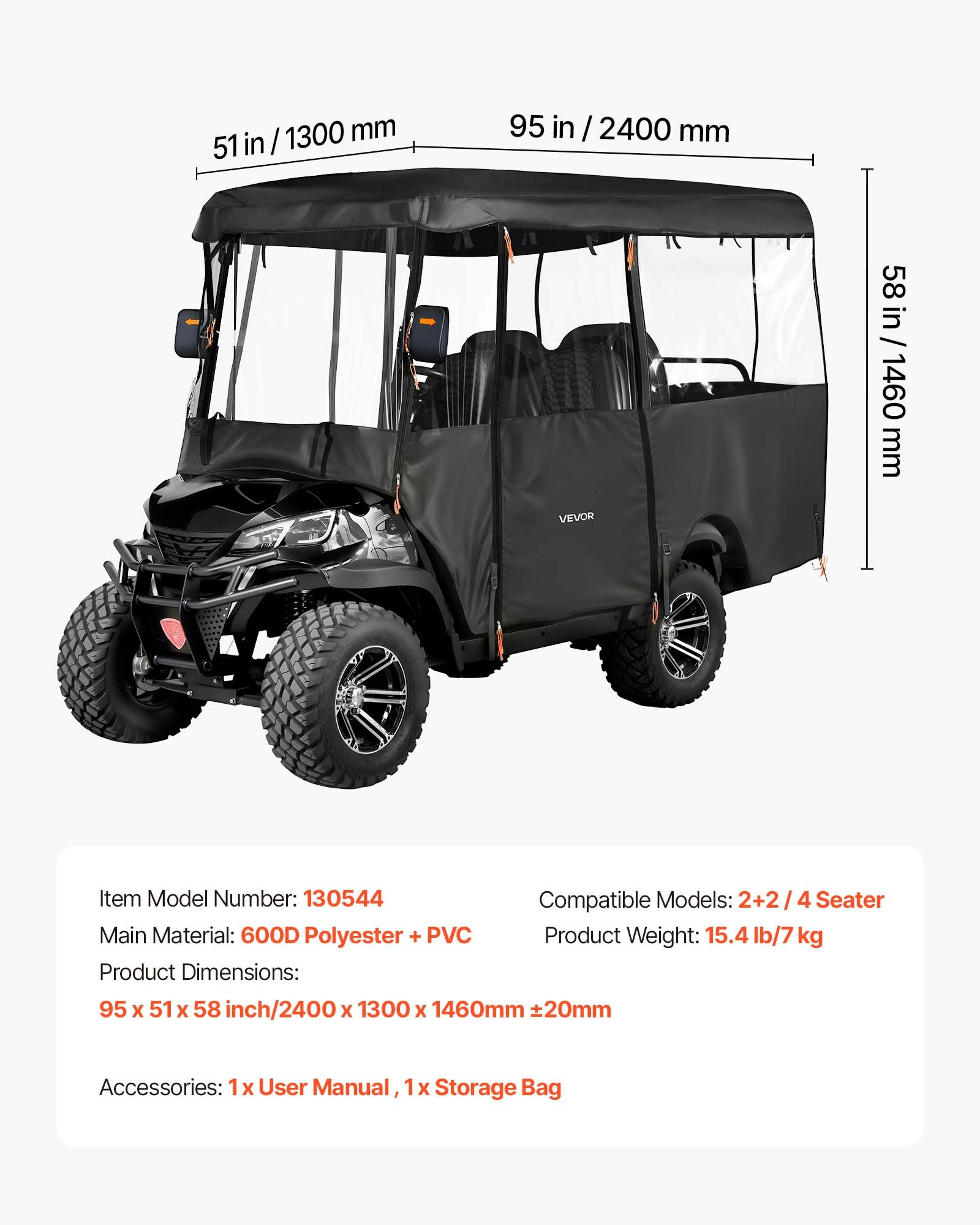 Golf Cart Cover, Visible Full-Enclosure 2+2/4 Passenger Golf Cart, 600D Waterproof Oxford Fabric Club Car Cover Fits Most Carts Club Car, Yamaha, EZGO, Honda, PVC Coating & Windproof Hook Design