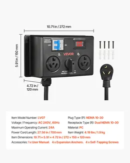 Manual EV Charging Switch, NEMA 10-30, Splitter Switch For Dryer & EV, 24A Max 240V Manual Power Distribution With Circuit Breaker, Real-Time Display, Hand-Operated Selector, Plug And Play, ETL