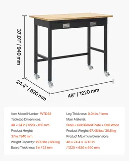 48-inch Workbench, 1500 Lbs Capacity, Oak Top, Drawer Storage, Wheels