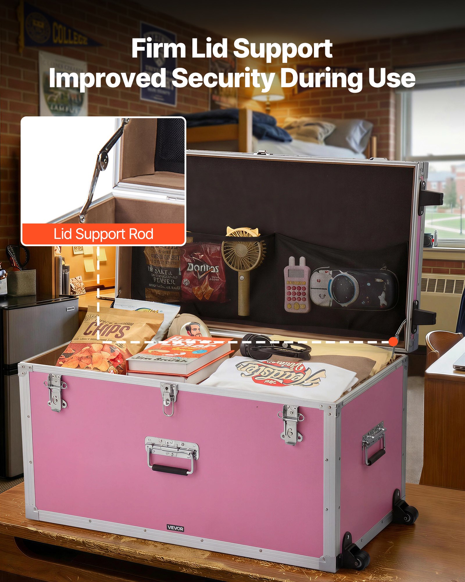 Metal Storage Trunk, Set Of 2, Wooden Suitcase Storage Boxes With Padlocks, Large Trunk Includes Casters & 3 Metal Handles, Decorative Store Chest With Lids For Travel, Apartment, Dorm, Pink