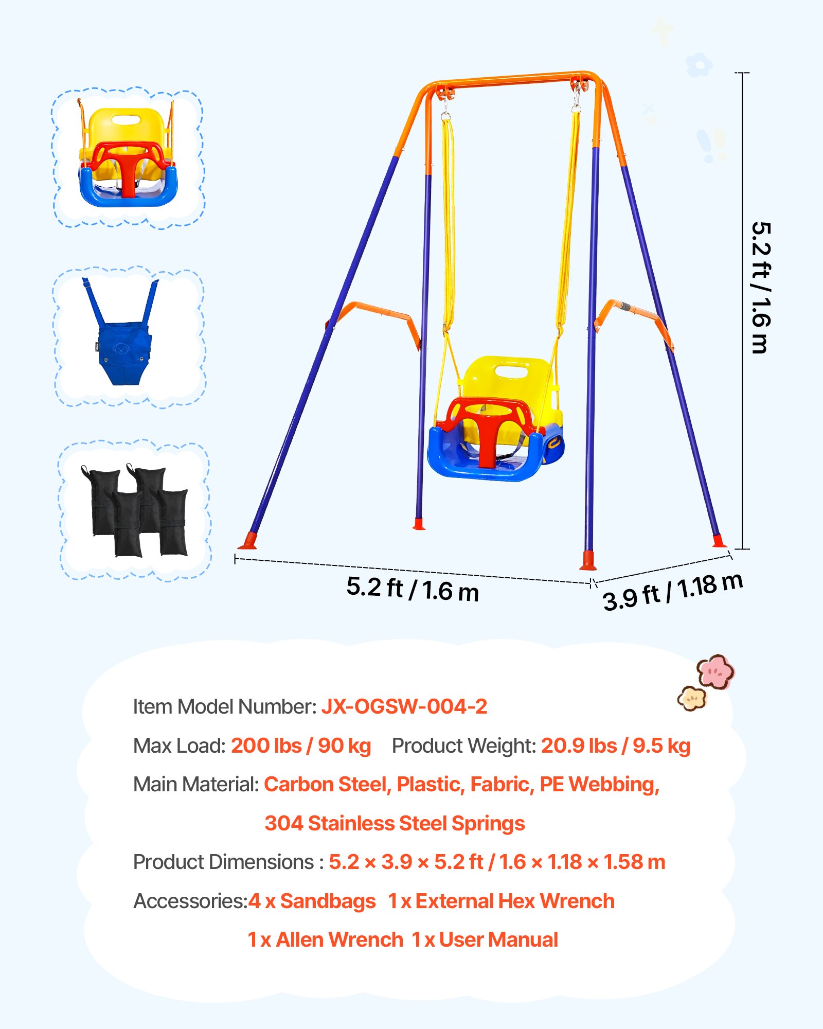 Toddler Swing And Jumper, 2 In 1 Swing Set And Bouncer, Thick Plastic Seat With Foldable A-Frame Metal Stand, Reinforced With 4 Sandbags, Easy To Install And Store, For Indoor Or Outdoor Play
