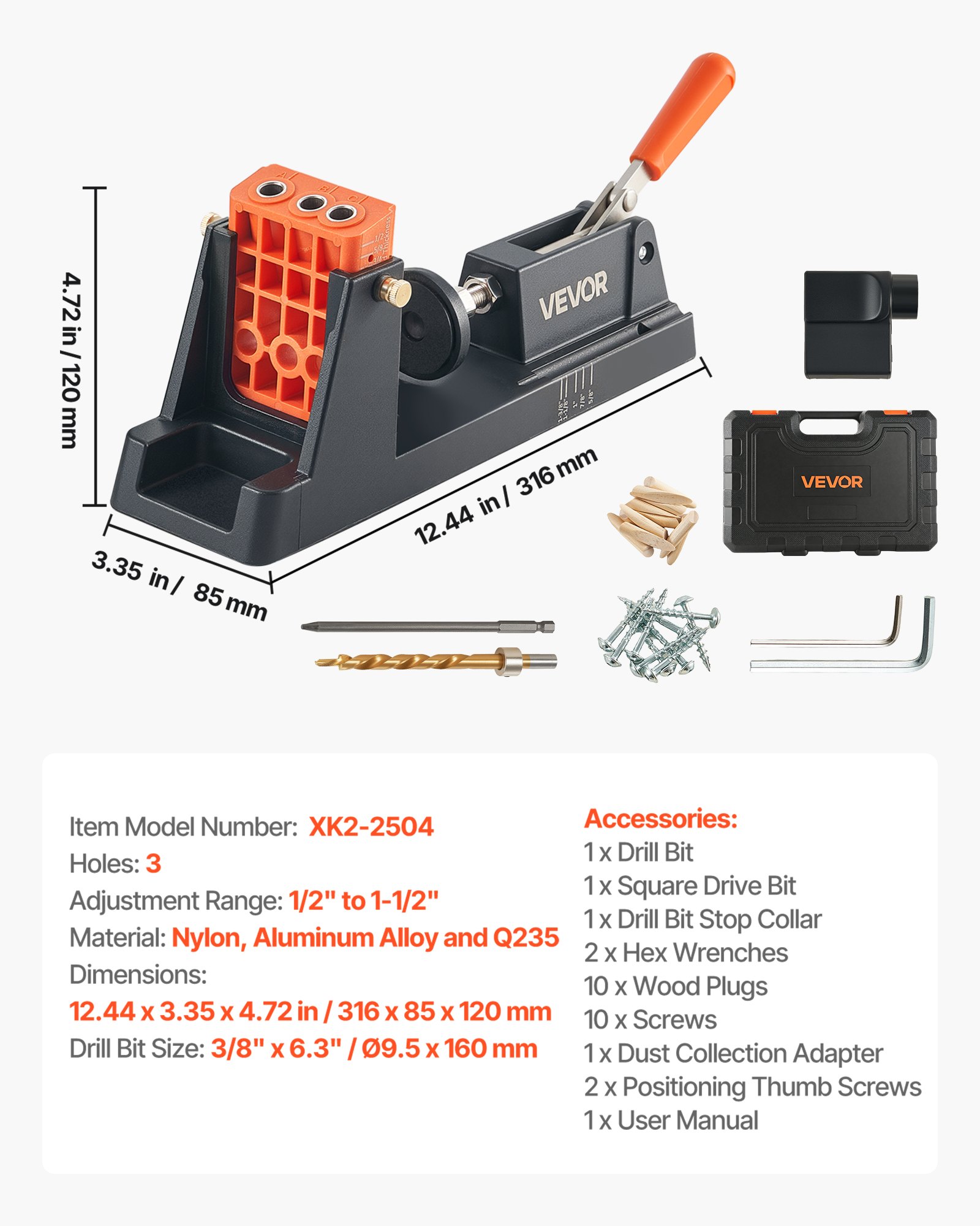 Pocket Hole Jig Kit, 1/2" To 1-1/2" Adjustable, Lightweight Jig Pocket Hole System With Dust Collection Adapter, Detachable Guide Block, Drill Bit, Stop Collar, Easy Adjusting, For Woodworking