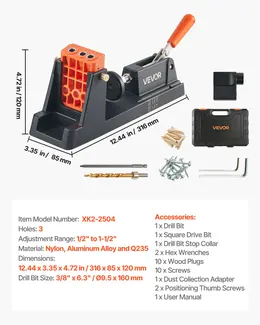 Pocket Hole Jig Kit, 1/2" To 1-1/2" Adjustable, Lightweight Jig Pocket Hole System With Dust Collection Adapter, Detachable Guide Block, Drill Bit, Stop Collar, Easy Adjusting, For Woodworking