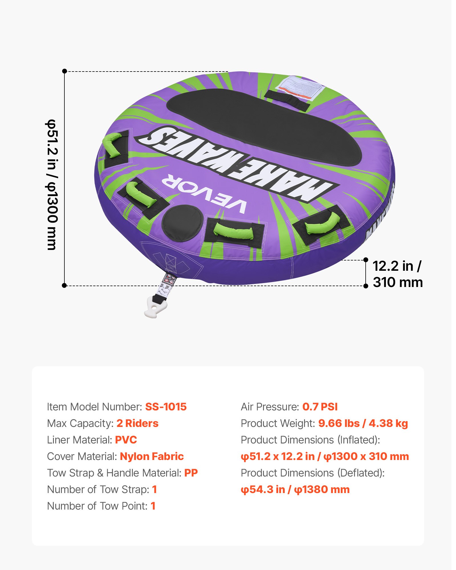 Towable Tubes For Boating, 2-Rider Inflatable Boat Tubes And Towables, 340lbs Capacity Water Sport Tube For Boat To Pull - With Anti-Slip Pad, Full Nylon Cover, Padded Handles & Safety Valve