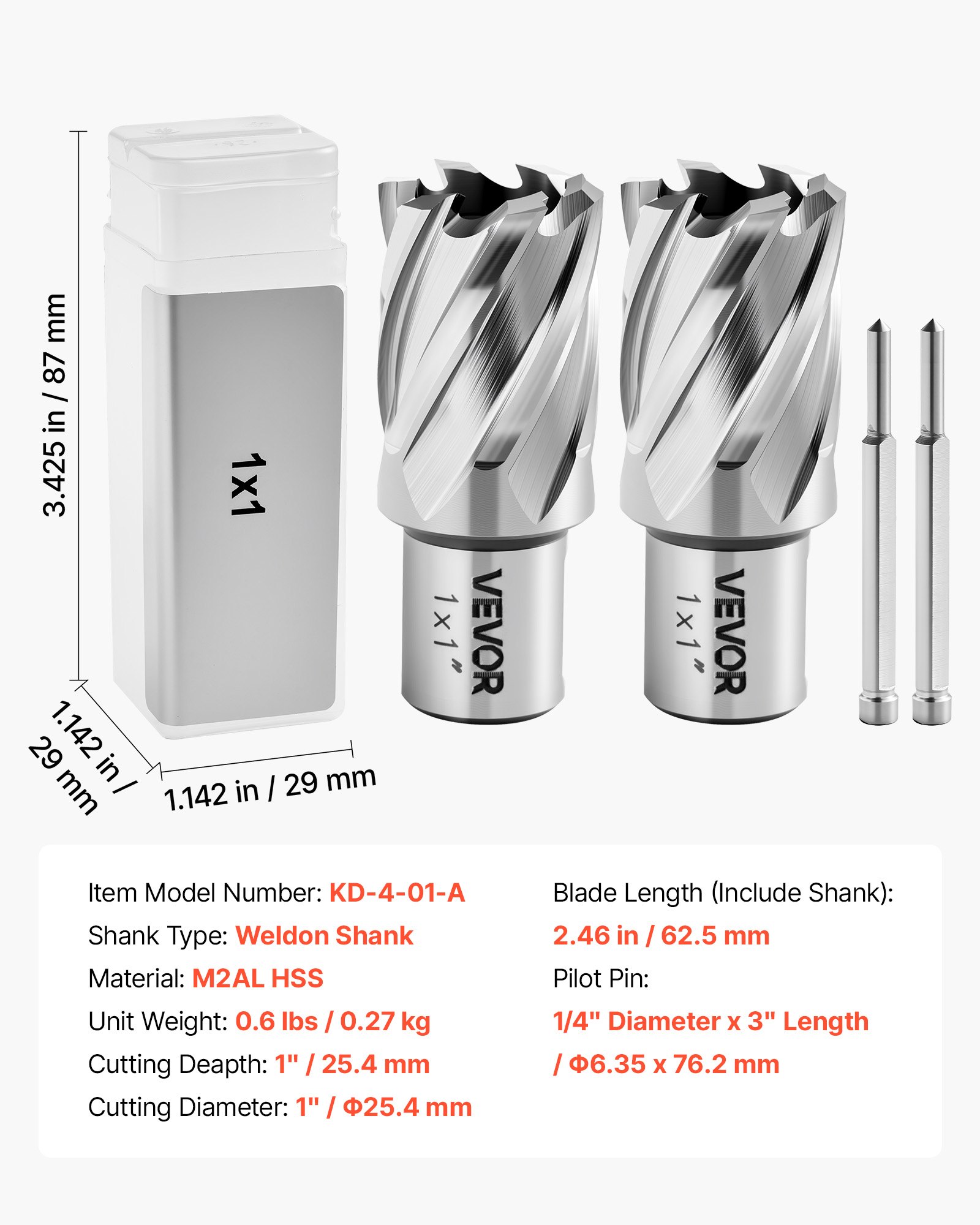 Annular Cutter Set, 4 Pcs Weldon Shank Mag Drill Bits Kit, 1" Cutting Depth, 1" Cutting Diameter, HSS, 2 Drill Bits With 2 Pilot Pins And Plastic Cases, For Magnetic Drills, Steel, Aluminum