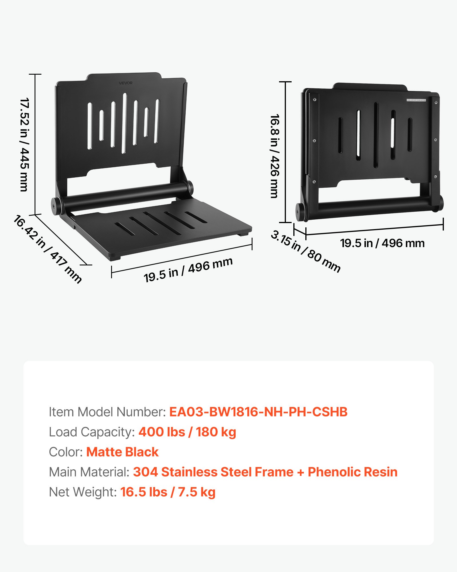 Foldable Shower Seat Wall Mounted, 17.8" Folding Shower Bench With Supportive Backrest, Plastic Fold-Down Bathroom Corridor Seat With Stainless Steel Frame For Adults Seniors, 400LBS Loading