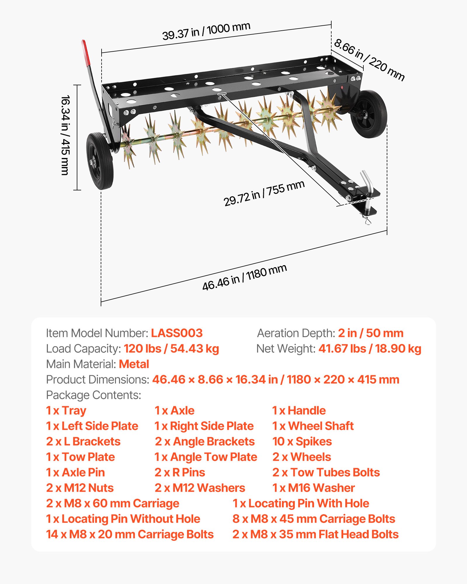 Tow Behind Plug Aerator, 40 In Lawn Spike Aerator With Universal Hitch, 150lbs Weight Capacity, Heavy Duty  & Rust-Resistant, Pull Behind Aeration Tool With Tray For Farmland & Garden Tractors