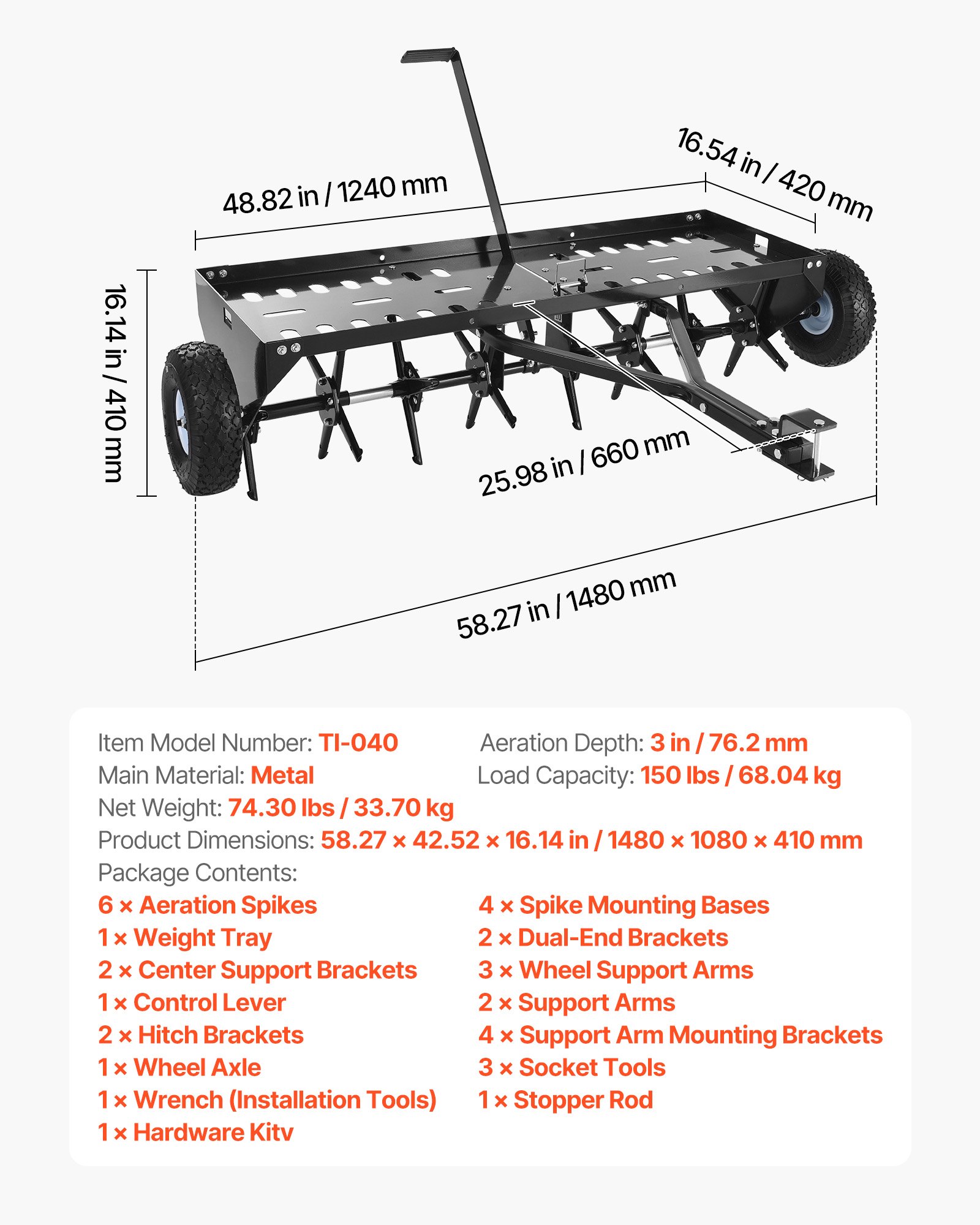 Main product image of Tow Behind Plug Aerator, 40 In Lawn Core Aerator Tool Universal Hitch, 150lbs Weight Capacity, Heavy Duty Pull Behind Spike Aerators With Tray & 10.6 In Wheels, For Farmland & Garden Tractors