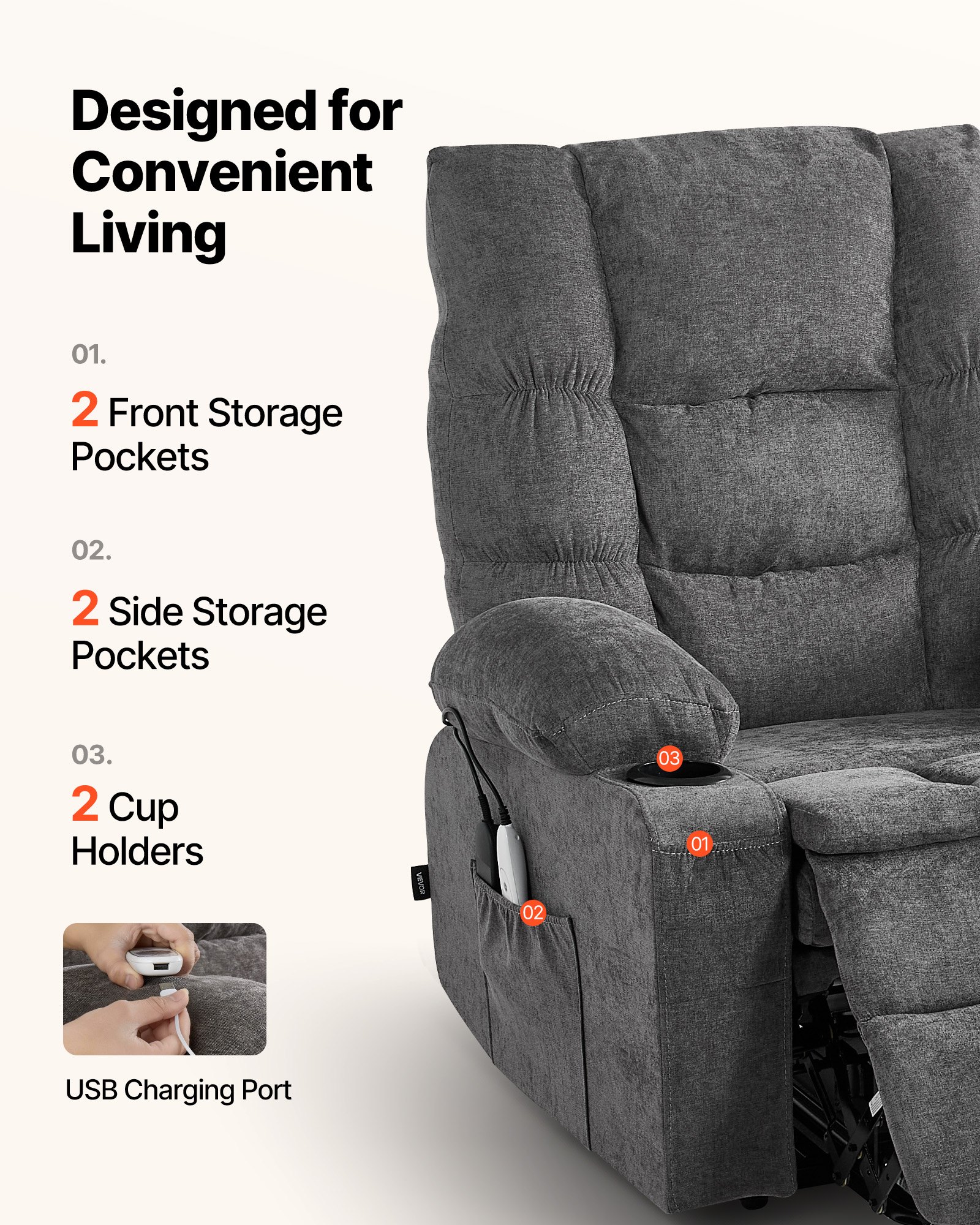 Power Lift Recliner Chair, Large Electric Lift Chair With Heat And Massage For Elderly, Infinite Position Adjustment, Chenille Fabric, With Side Pockets, Cup Holders And USB Port, Dark Gray