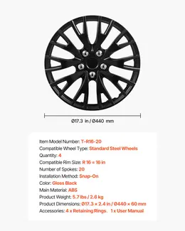 Product image of 16 Inch Gloss Black 20-Spoke ABS Snap-On Hubcaps, Set of 4