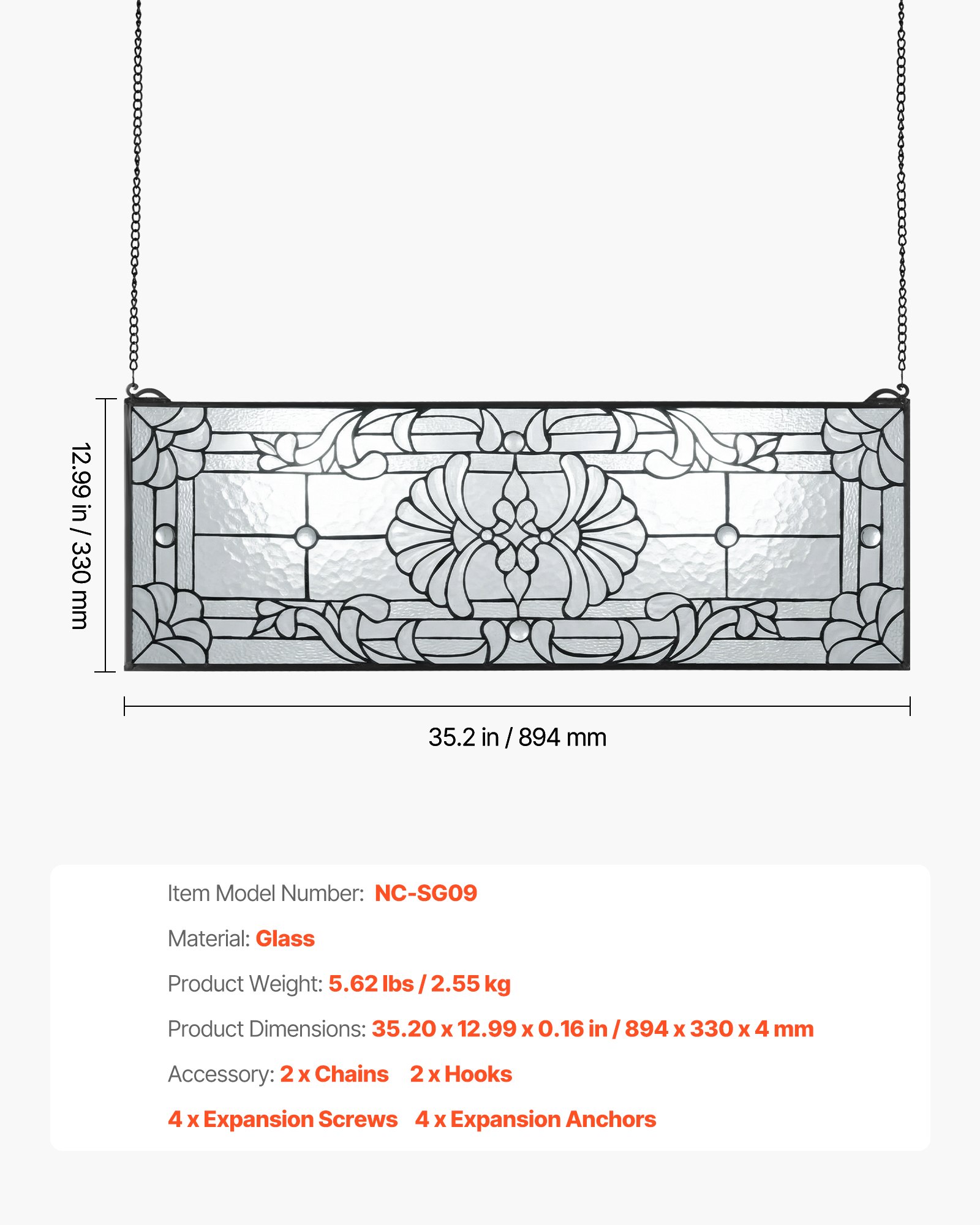 Stained Glass Window Panel, 35.2" X 13" Tiffany Style Hanging Transom Window Panel With Chain, Large Horizontal Rectangle Stain Glass, Vintage Traditional Art Handcrafts For Kitchen Home Decor