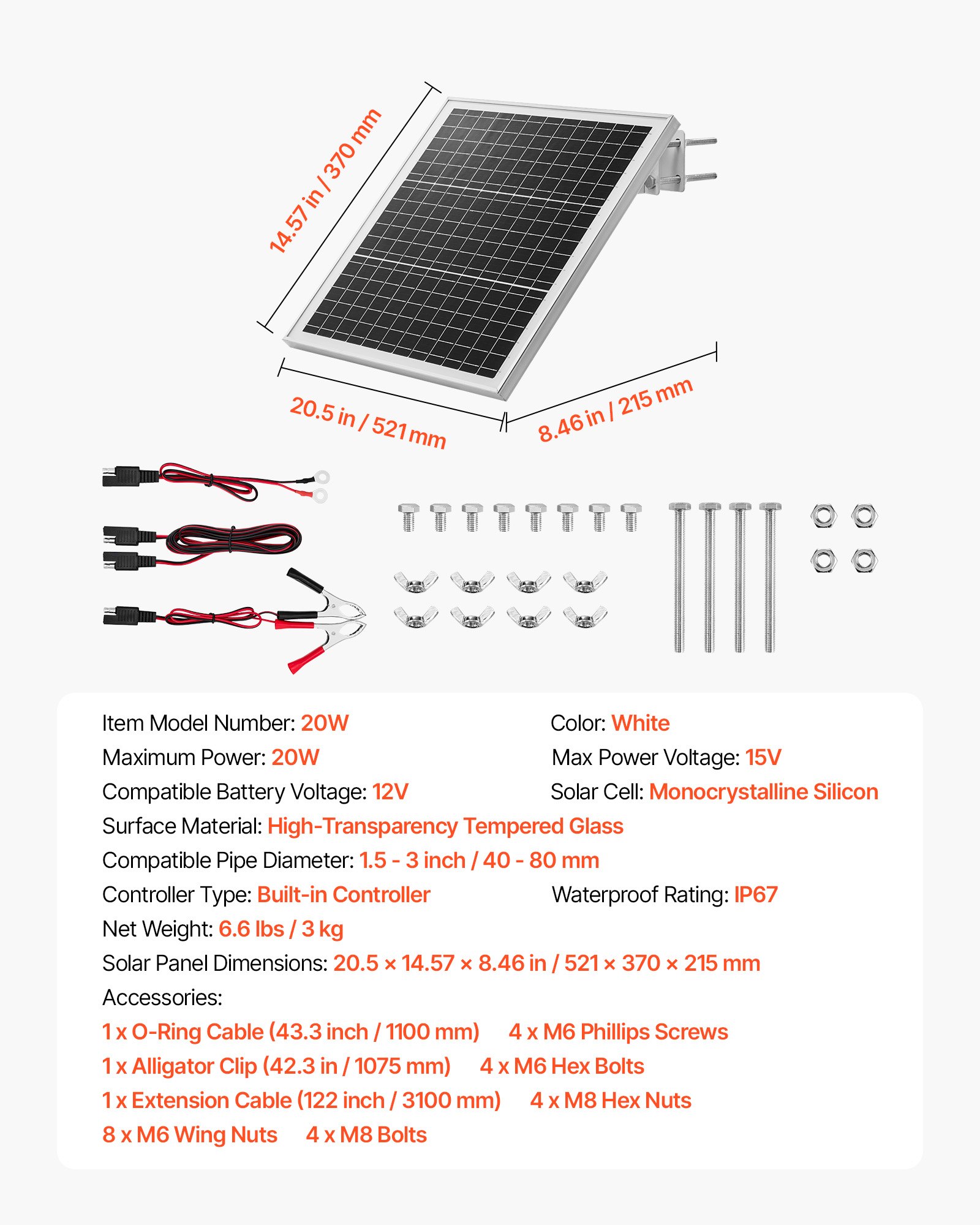 20W 12V Solar Panel Battery Charger, Solar Battery Trickle Charger Maintainer With Built-in Controller & 0-60° Adjustable Pole Mount Bracket, IP67 For Gate Fence Farm Lawn (Fit 1.5" - 3" Poles)