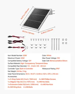 20W 12V Solar Panel Battery Charger, Solar Battery Trickle Charger Maintainer With Built-in Controller & 0-60° Adjustable Pole Mount Bracket, IP67 For Gate Fence Farm Lawn (Fit 1.5" - 3" Poles)