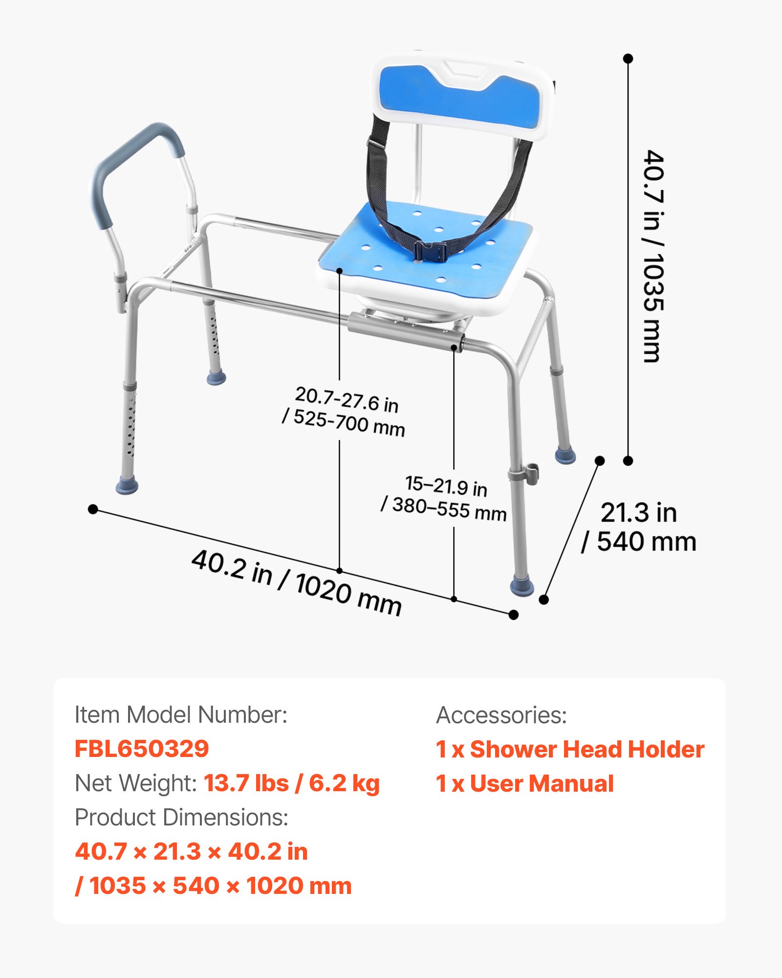 Sliding Shower Chair, 400 Lbs Tub Transfer Bench For Bathtub With Swivel Seat, Padded Shower Bench With Arms And Backrest, Height Adjustable For Handicap, Adults, Seniors, Elderly And Disabled