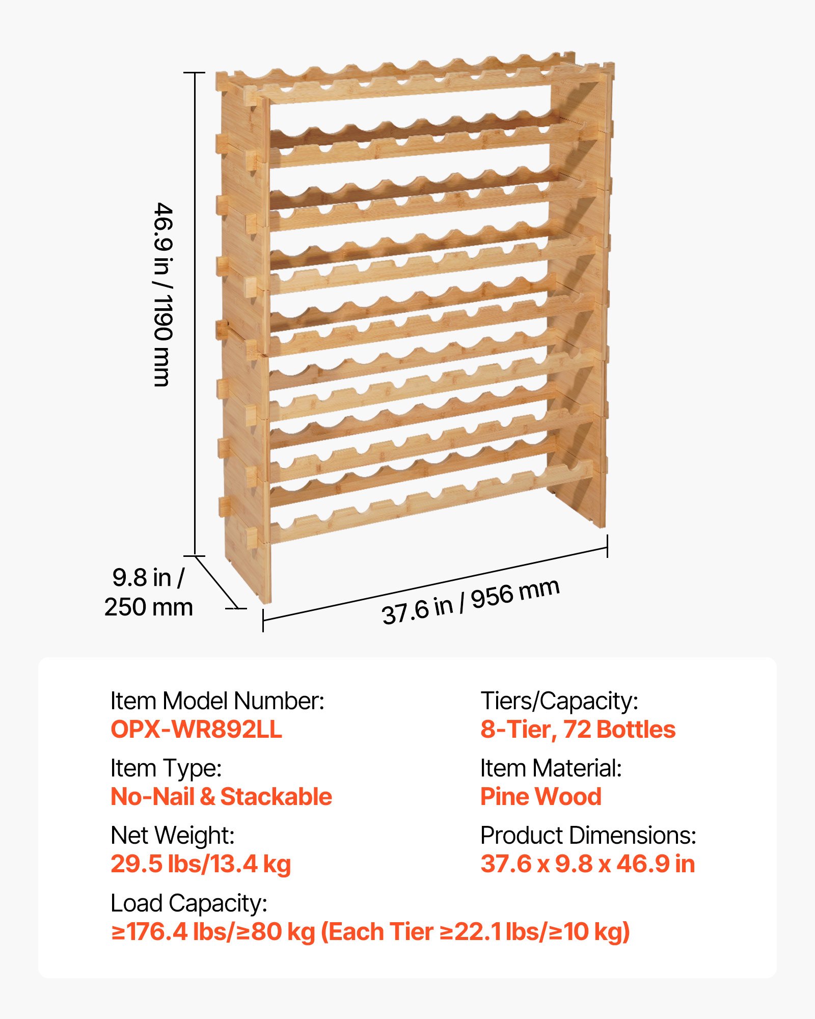 72 Bottle Stackable Modular Wine Rack, 8-Tier, Floor Freestanding Wine Storage Rack, Sturdy Wines Holder Display Shelf, Wobble-Free Shelves, Easy Assembly, For Kitchen, Cellar, And Bar, Natural