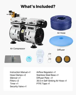 Pond Aeration System, 5.2CFM, 3/4 HP Compressor, 1 Diffuser, 100' Tubing
