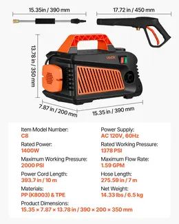 Electric Pressure Washer, 2000 Max PSI 1.59 Max GPM, Portable Power Washer With 4 Nozzles, Metal Extension Wand, Built-in Carry Handle, Compact & Flexible For  Cars,Driveways,Patios,Fences,Home