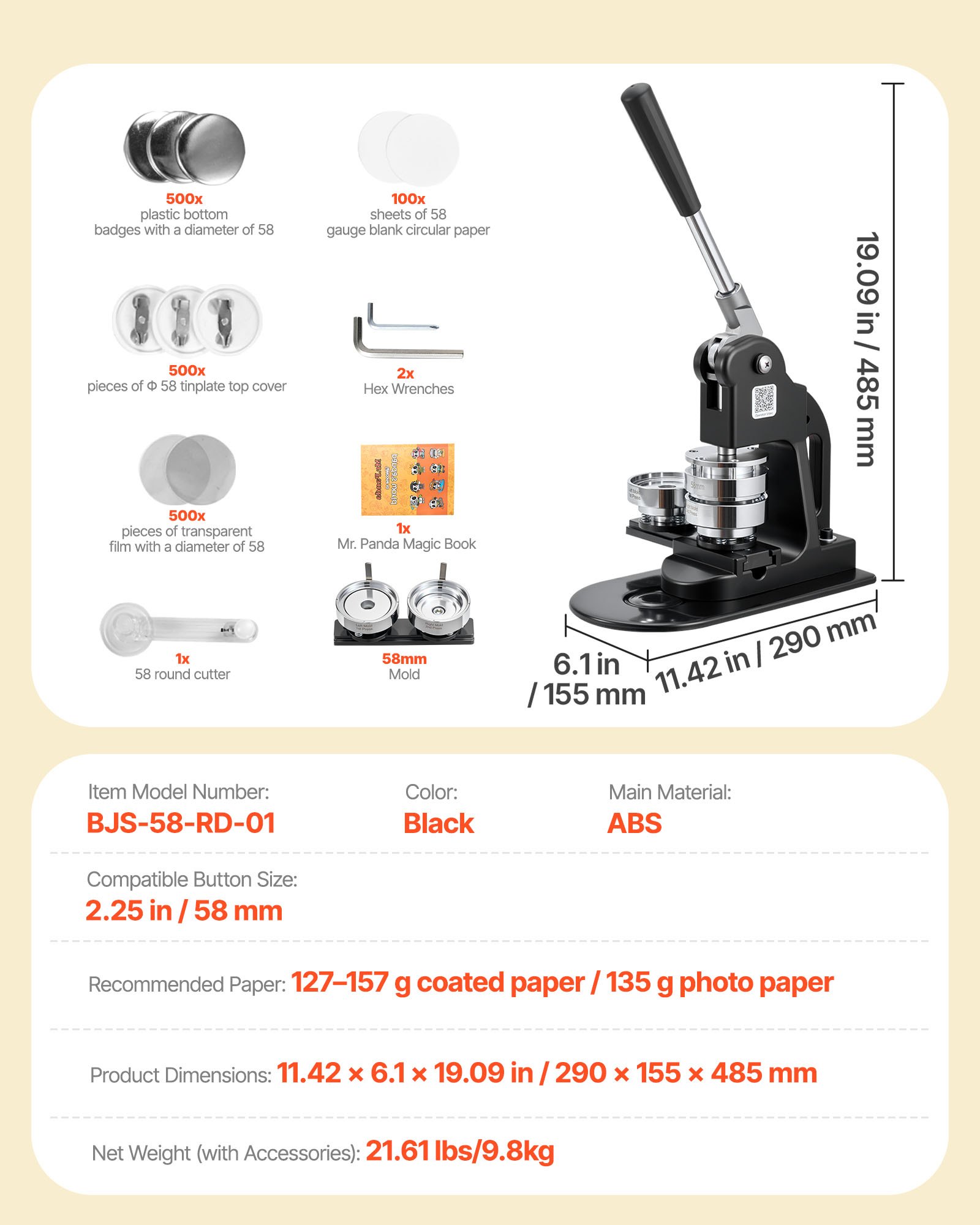 Button Maker Machine, 2.25 In, Pin Maker Machine With 500pcs Button Parts, Circle Cutter, Hex Wrenches And Magic Book, Ergonomic Handle, For DIY Badges, Personalized Pins And Key Chains, Black