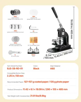 Button Maker Machine, 2.25 In, Pin Maker Machine With 500pcs Button Parts, Circle Cutter, Hex Wrenches And Magic Book, Ergonomic Handle, For DIY Badges, Personalized Pins And Key Chains, Black