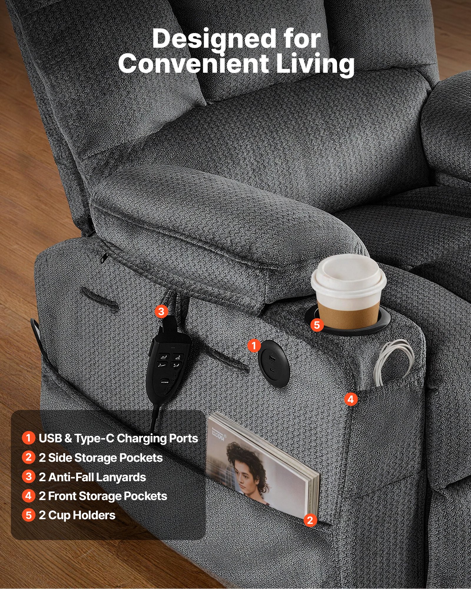 Power Lift Recliner Chair, Dual Motor, Large Electric Lift Chair With Heat And Massage For Elderly, Infinite Position Adjustment, Velvet Fabric, With Storage Pockets, Cup Holders, Dark Gray