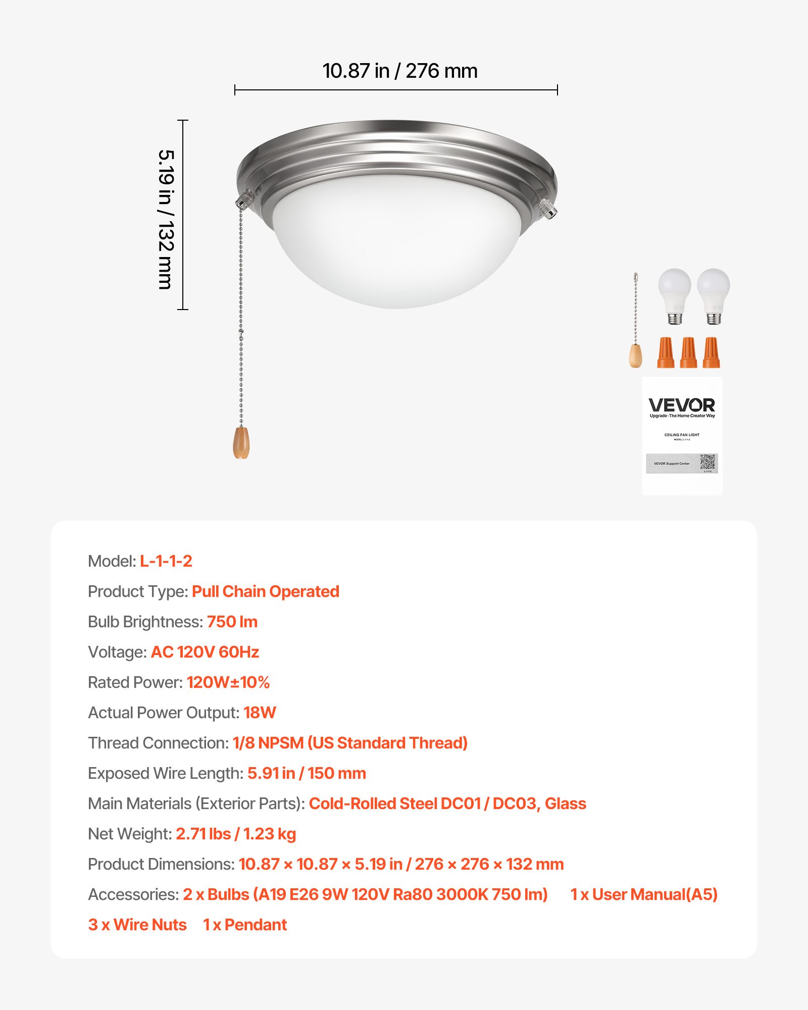 Ceiling Fan Light Kit, 750lm 3000K Fan Light Kit With Pull Chain, 2 LED Bulbs, Modern Replacement Fixture For Living Room, Dining Room, Bedroom, Frosted Milk Glass Shade Brushed Nickel Finish