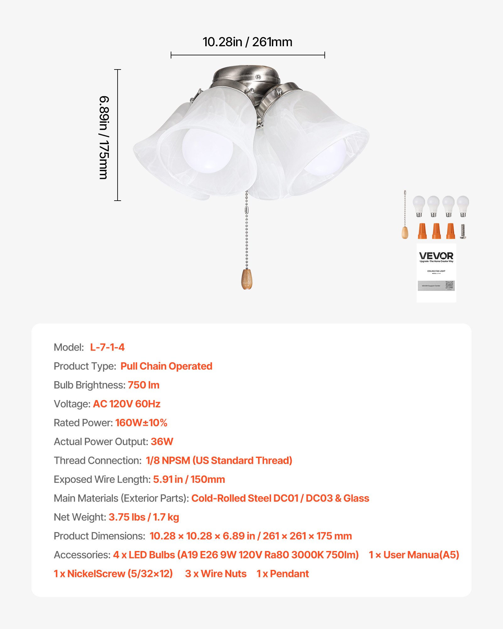 Ceiling Fan Light Kit, Four-Light 3000K 750lm Fan Light Kit With Pull Chain, Replacement Light Fixture For Living Room, Bedroom, Home Decor, Cloud White Glass Shade Brushed Nickel, Floral Shape
