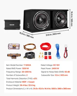 Dual 12 In 1200W RMS Car Subwoofer Package with Amplifier