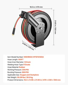 Retractable Welding Hose Reel, 1/4 Inch x 100 ft Twin Oxygen Acetylene Hose, 300 PSI R Grade, Wall/Ceiling Mount
