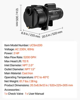 2 HP Shallow Well Jet Pump, 230V, 5200 GPH, Cast Iron, 112 Ft Max Head