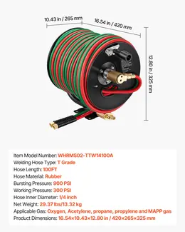 Retractable Welding Hose Reel, Hand Crank Manual Rewind Hose Reel With 1/4 Inch X 100FT Twin Oxygen Acetylene Rubber Hose Max 300PSI - T Grade, Ceiling/Wall Mount Steel Reel For Workshop Garages