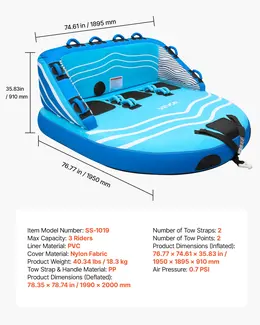 3-Rider Inflatable Towable Tube, 510 Lbs Capacity, Nylon Cover
