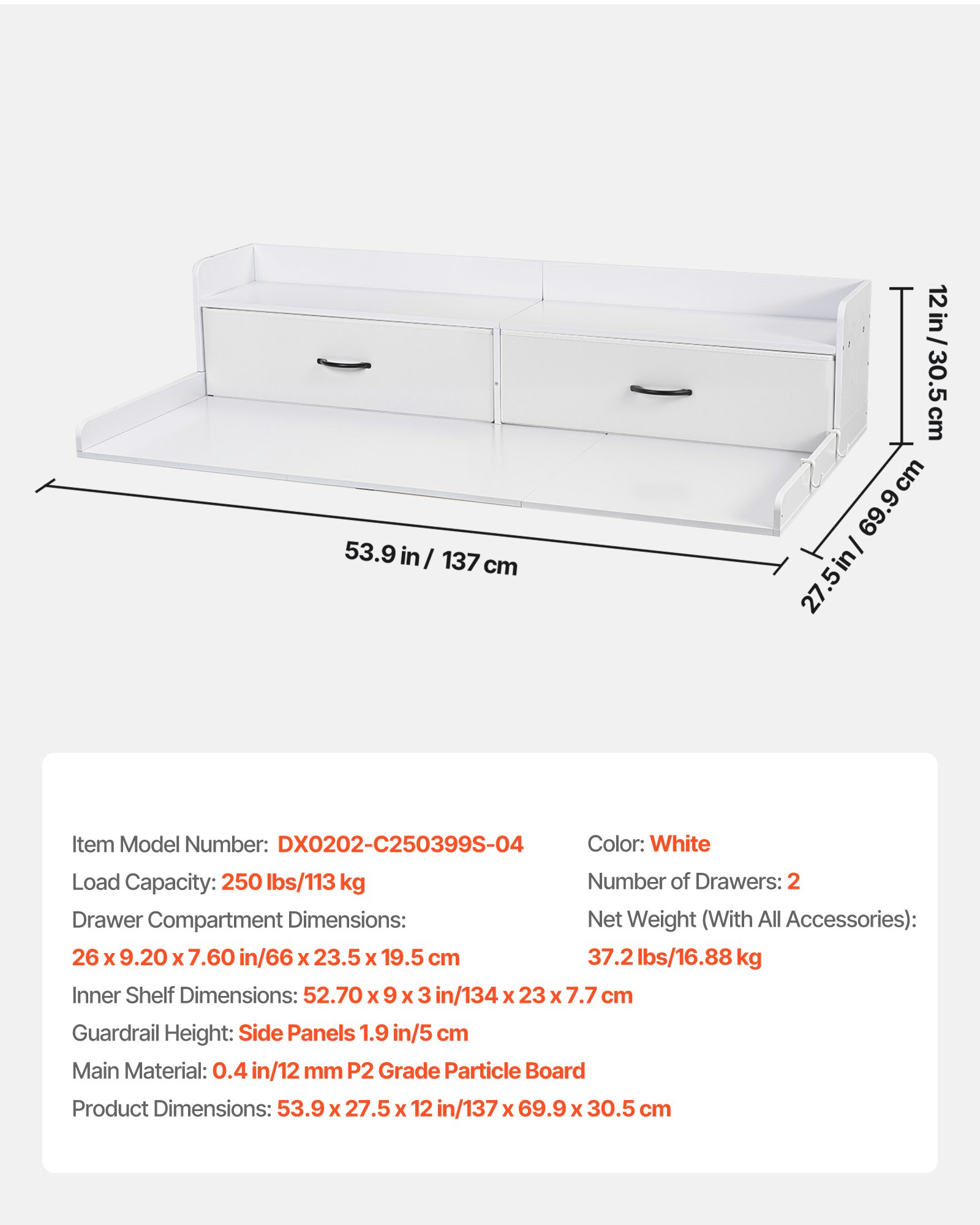 Washer Dryer Countertop With Shelf, 54 X 27.5 In Wooden Washer And Dryer Topper With 2 Drawers & 2 Hooks, Laundry Machine Topper For Laundry Closet Pantry Counter Organization And Storage, White