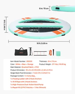 10x8 FT Round Inflatable Floating Dock Platform with Detachable Ladder