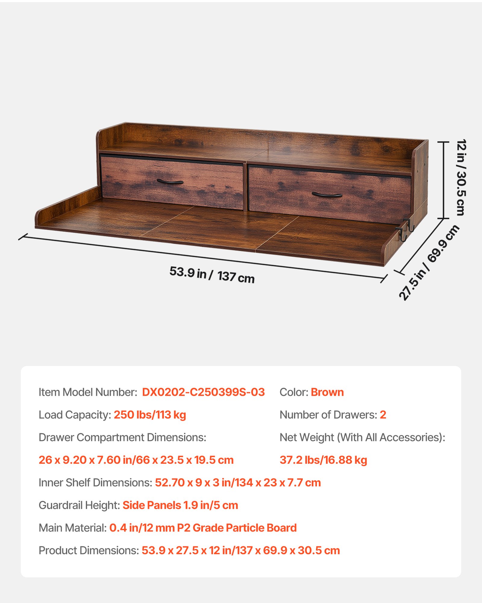 Washer Dryer Countertop With Shelf, 54 X 27.5 In Wooden Washer And Dryer Topper With 2 Drawers & 2 Hooks, Laundry Machine Topper For Laundry Closet Pantry Counter Organization And Storage, Brown