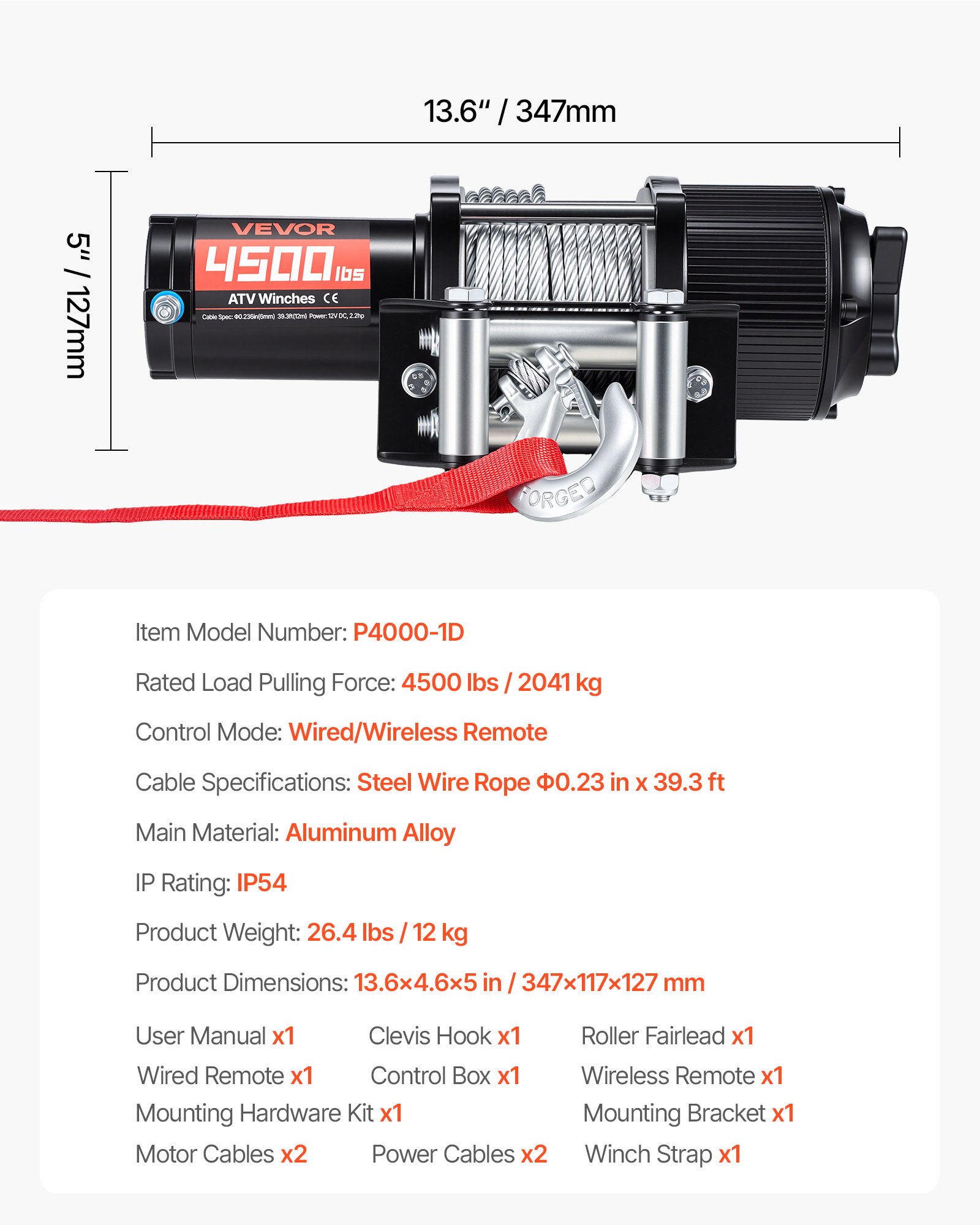 4500 Lbs Electric Winch, 12V DC ATV/UTV Winch With Φ0.24 In X 39.4 Ft Steel Wire Rope, Wireless & Wired Remote Control, IP54 Waterproof, Roller Fairlead Mount Plate For Towing ATV UTV Off-Road