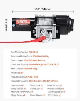 4500 Lbs 12V DC Electric Winch, 0.24 In x 39.4 Ft Steel Rope, IP54, Remote Control