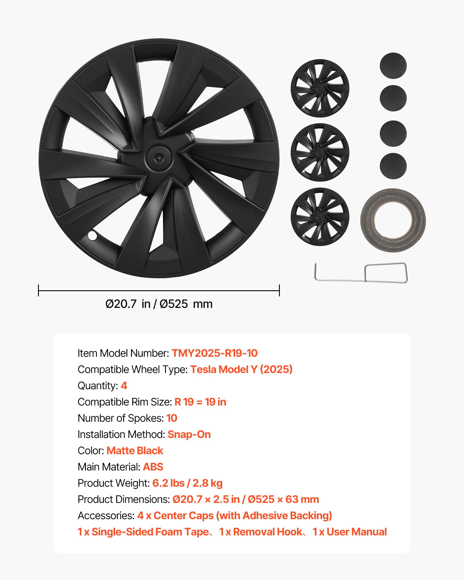 Hubcaps Wheel Covers For 2025 Tesla Model Y, 19 Inch Set Of 4 Wheel Rim Cover Hubcaps OEM Style Replacement, R19 Size Snap On Car Hub Caps, Premium Sturdy 10-Spoke ABS Tire Rim Caps, Matte Black