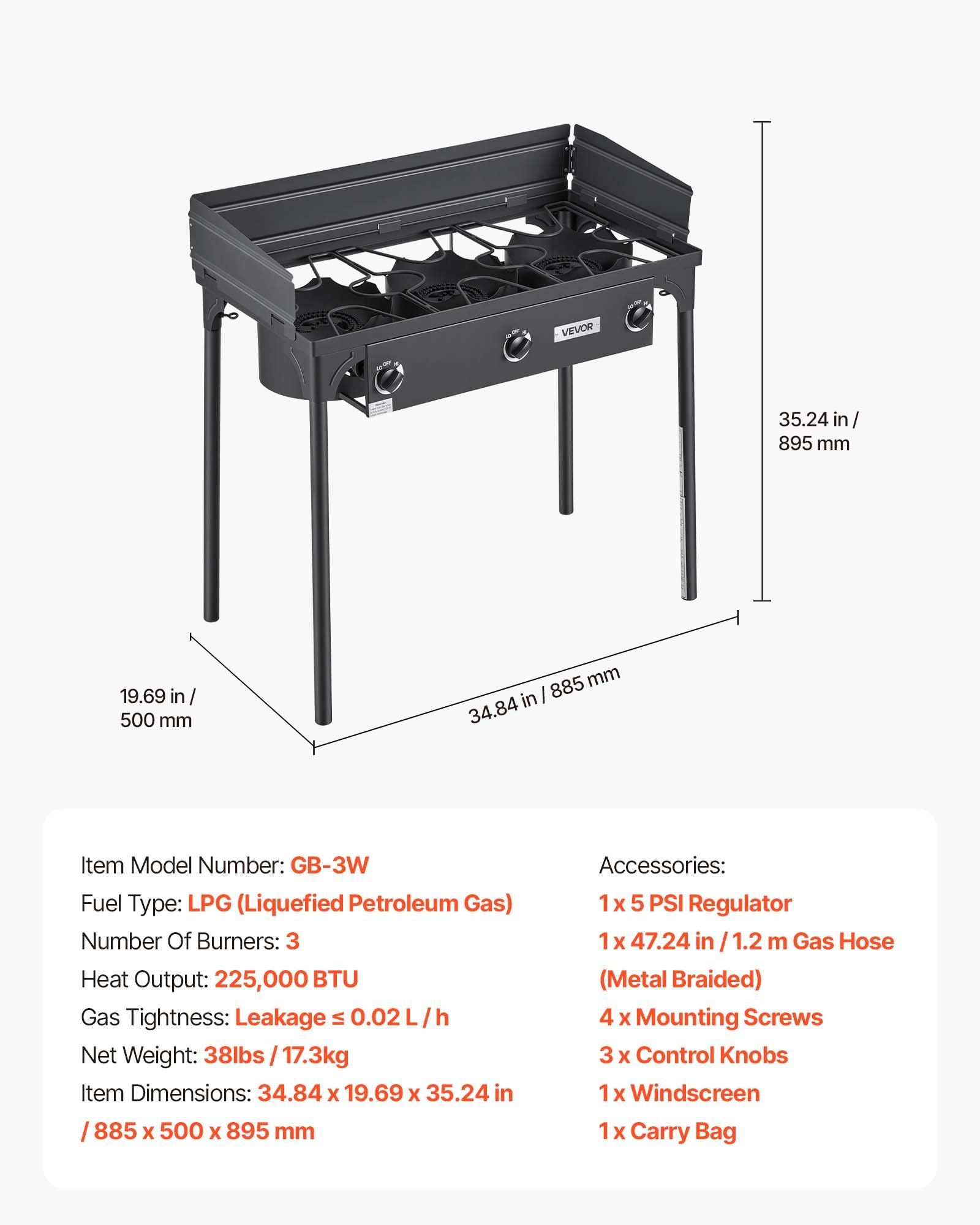 3 Burner Outdoor Propane Gas Stove, 225,000 BTU Propane LPG Gas Camping Stove, Heavy-duty Carbon Steel Outdoor Cooker, With Shield & Tall Stand & Regulator, For BBQ Camp Home Patio Backyard
