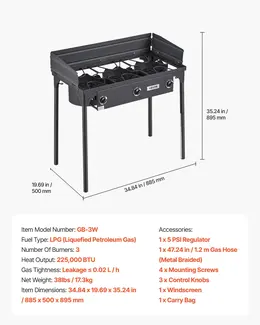 3 Burner Outdoor Propane Gas Stove, 225,000 BTU Propane LPG Gas Camping Stove, Heavy-duty Carbon Steel Outdoor Cooker, With Shield & Tall Stand & Regulator, For BBQ Camp Home Patio Backyard
