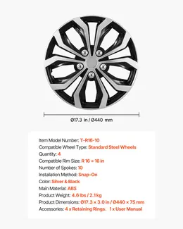 Product image of 16 Inch Snap-On Hubcaps, Set of 4, OEM Replacement, 10-Spoke ABS, Silver/Black