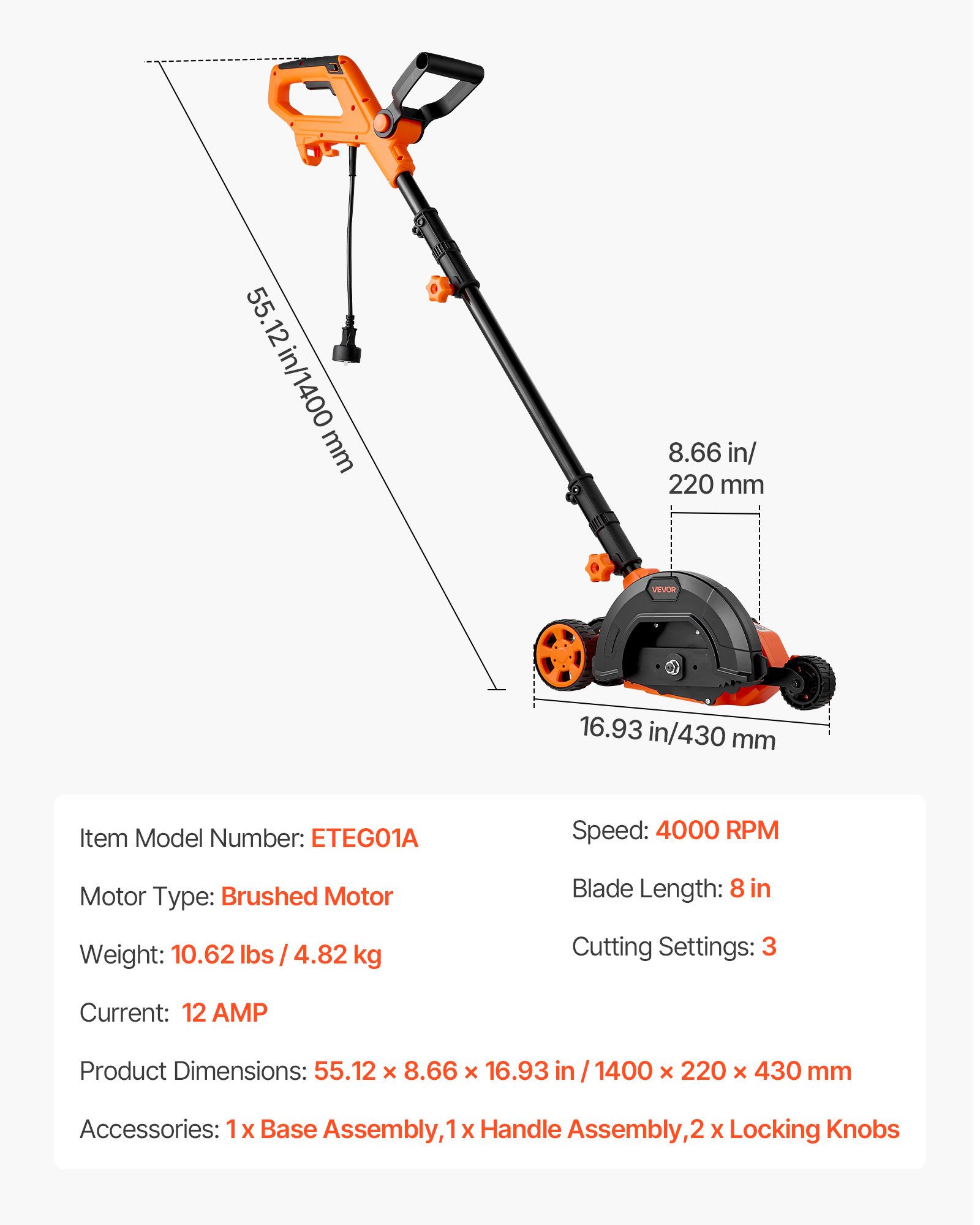Lawn Edger, 8-inch Blade Length, 12 Amp Electric Edger Lawn Tool, 4000 RPM, With 3-Position Blade Depth, 65 Mn, Pivoting Handle, Dual Wheels, For Lawns, Driveways, Yards, And Sidewalk Edges