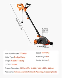 Lawn Edger, 8-inch Blade Length, 12 Amp Electric Edger Lawn Tool, 4000 RPM, With 3-Position Blade Depth, 65 Mn, Pivoting Handle, Dual Wheels, For Lawns, Driveways, Yards, And Sidewalk Edges