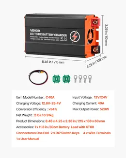 DC To DC Battery Charger, 520W, 40A Alternator Charger, Fast DC-DC Charging For Portable Power Stations, Compatible With LiFePO4 Lead-Acid AGM GEL Batteries, 12V/24V-12V/24V, For RV Home Backup