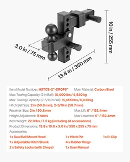 Adjustable Trailer Hitch, Fit 2 Inch Receiver, Trailer Hitch Mount With 2 Inch & 2-5/16 Inch Balls, 15000 Lbs GTW, 6 Inch Drop, Towing Ball Mounts For RVs, Off-Road Vehicles And Trucks, Black