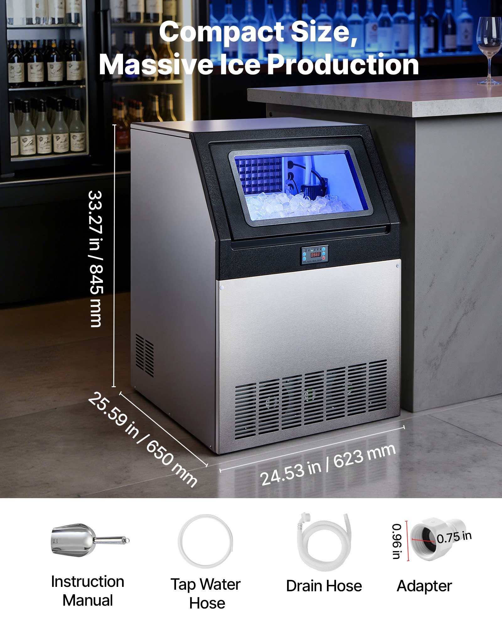 Commercial Ice Maker Machine, 265 Lbs/24h With 85 Lbs Storage Capacity, Built-in/Freestanding/Under Counter, Stainless Steel Ice Maker With LED Display & Self-Cleaning, For Home Bar Restaurant