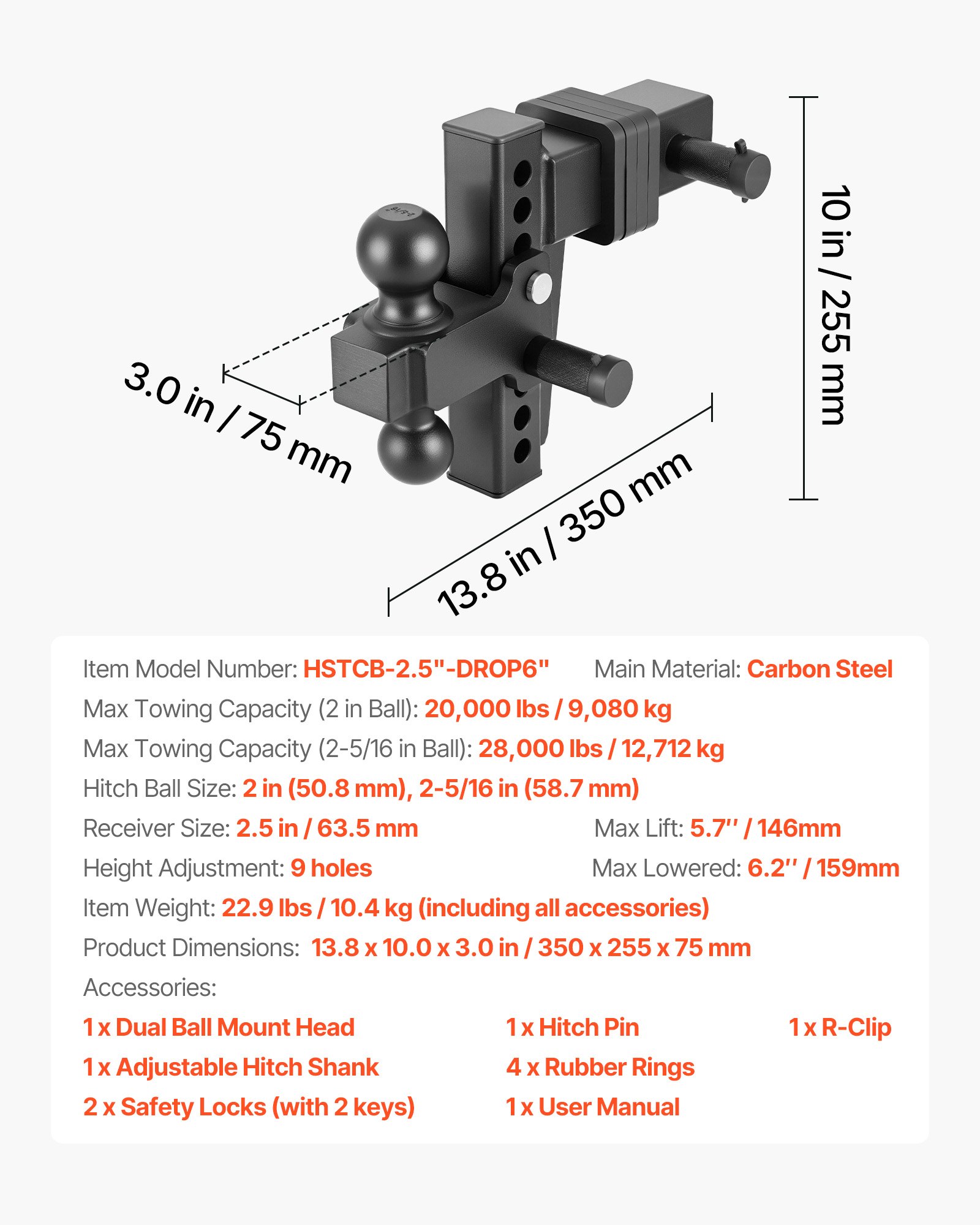 Adjustable Trailer Hitch, Fit 2.5 Inch Receiver, Trailer Hitch Mount With 2 Inch & 2-5/16 Inch Balls, 28000 Lbs GTW, 6 Inch Drop, Towing Ball Mounts For RVs, Off-Road Vehicles And Trucks, Black