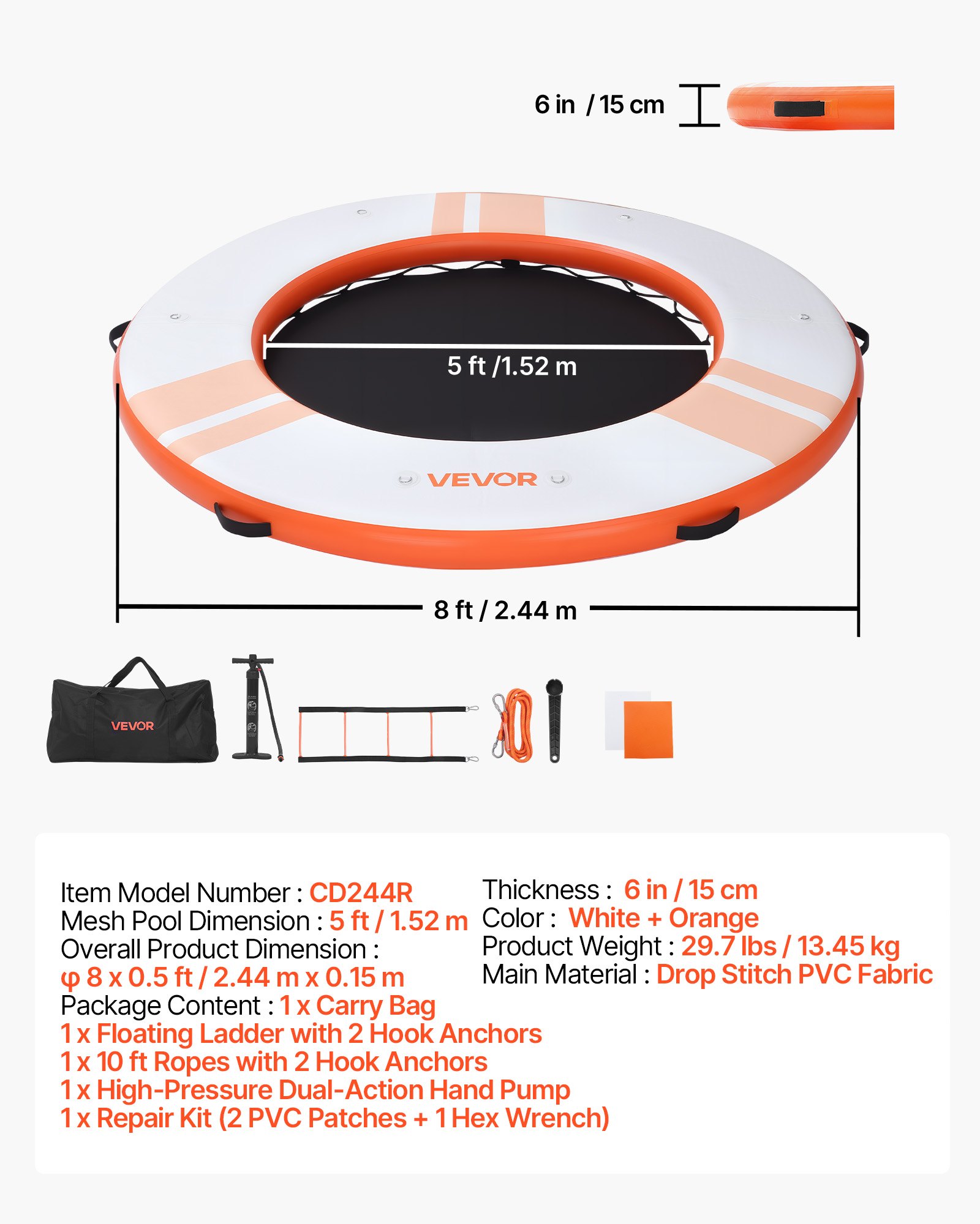 Inflatable Floating Dock, 8 FT Inflatable Dock Platform, Non-Slip Water Air Mat With Portable Carrying Bag And Detachable Ladder, Floating Water Platform Island Raft For Pool Beach Ocean, Orange