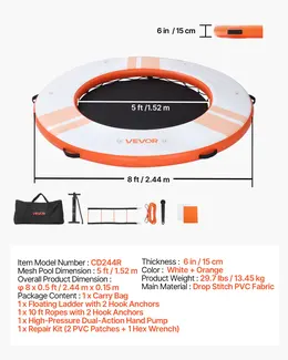 8 FT Inflatable Floating Dock Platform with Detachable Ladder, Orange